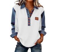Generisch Camicia patchwork in jeans con maniche lunghe, abbottonatura, design casual, dettagli in tessuto a contrasto, vestibilità comoda per le donne nella vita di tutti i giorni, bianco, XL