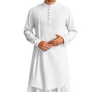 Generisch Camicia Uomo Festivo Manica Corta Uomo Lino Manica Lunga Caftano Thobe Abito Lungo Camicia Robe Casual Musulmano Abito Camicia di Lino Uomo, bianco, M