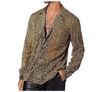 Generisch Camicia Uomo Moda Primavera Estate con Trasparenza Lucida Maniche Lunghe per Occasioni Casual Nightclub Apparizioni, gold, M
