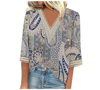 Generisch Camicie da donna, alla moda, con maniche a 3/4, pizzo, scollo a V, elegante, camicette alla moda con motivo floreale, maglietta sportiva da donna a maniche corte, Blu scuro, L
