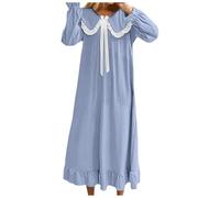 Generisch Camicie da notte lunghe in raso a maniche lunghe da donna con fiocco, pizzo sul polso e collo in stile per il ginocchio casa, Blu, XXL
