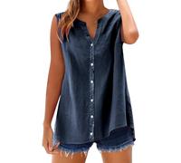 Generisch Camicie in cotone e lino da donna, senza maniche, con colletto, camicette oversize, camicie da lavoro, maglietta casual da donna, Blu marino, XXL