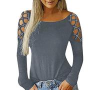 Generisch Camicie moda T casual tempestato maniche C donne lunghe Hollow-Out-Tips Camicetta sportiva da donna a maniche lunghe, grigio., L