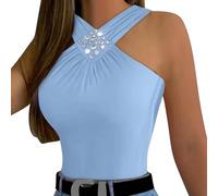 Generisch Canotta con schiena incrociata da donna imbottita a coste lunga basic top spaghetti top pizzo, Celeste., S
