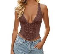 Generisch Canotta da donna con scollo in pizzo, senza maniche, schiena scoperta, alla moda, seducente, elegante, femminile, ideale per feste e serate, marrone, S