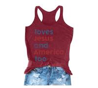 Generisch Canotta da donna con scollo rotondo, alla moda, stampa con lettere "Summer & America Too", in morbido cotone traspirante, vestibilità larga, perfetta per le vacanze o il tempo libero, Vino