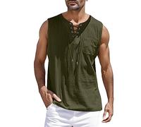 Generisch Canotta da uomo in cotone e lino, senza maniche, bendaggio, gilet da spiaggia senza colletto, traspirante, comodo, per il tempo libero, canotta alla moda con tasca, Verde militare., L