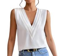 Generisch Canotta estiva da donna, a più livelli, tinta unita, con scollo a V, da ufficio, bianco, L