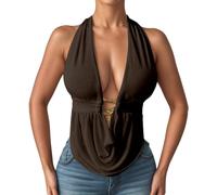 Generisch Canotta senza maniche con scollo a V profondo e vestibilità aderente, perfetta per l'estate e il tempo libero., marrone, XS