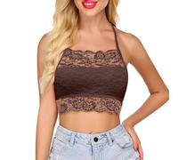 Generisch Canottiera da donna con spalline sottili per adolescenti e ragazze, in rete floreale, per cami, sexy, senza maniche, Y2K, Maglietta N2-marrone, S
