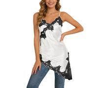 Generisch Canottiera da donna elegante camisole in seta con bordo in pizzo, lunga senza maniche, per una comoda biancheria da notte e da abbinare, bianco, S
