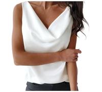 Generisch Canottiera da donna in raso di seta con scollo a cascata, casual, senza maniche, camicetta camisole, estiva, basic, camicia larga, abbigliamento da ufficio da donna, bianco, S