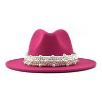 Generisch Cappello da pescatore in nylon alla moda, elegante, cappello jazz, anello di perle con cilindro, cappello a tesa grande, berretto da donna in lana (rosa caldo, M)