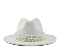 Generisch Cappello da pescatore in nylon, alla moda, elegante, cappello jazz, anello di perle con cilindro, cappello a tesa grande, cappello da donna in lana (bianco, L)
