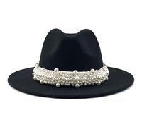 Generisch Cappello da pescatore in nylon stile alla moda, elegante, cappello jazz, anello di perle con cilindro, cappello a tesa grande, berretto da donna in lana (nero, M)