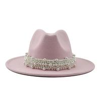 Generisch Cappello da pescatore in nylon stile alla moda, elegante, cappello jazz, anello di perle con cilindro, cappello a tesa grande, cappello da donna in lana (rosa, L)