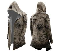 Generisch Cappotto con cappuccio da uomo con stampa a bussola - Cardigan in stile esploratore | Mantello con motivo vintage mappa del mondo, Stil_w01 kaki, XL