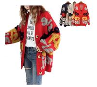 Generisch Cappotto da donna oversize con stampa a lettere, bottoni a contrasto, cardigan a maniche lunghe con parte anteriore aperta, Colore: rosso, Taglia unica