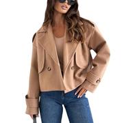 Generisch Cappotto di lana da donna, corto, per le mezze stagioni, invernale, caldo, a maniche lunghe, risvolto, da donna, A Cachi, M