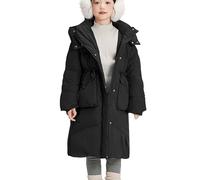 Generisch Cappotto invernale da ragazza, con cappuccio, giacca invernale lunga, per esterni, in tinta unita, elegante, per le mezze stagioni, antivento, soffice, piumone, Nero , 150