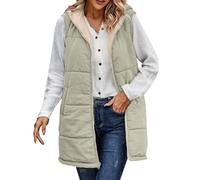 Generisch Cappotto invernale in lana da donna, oversize, gilet lungo con cappuccio, trapuntato, foderato in pile, caldo invernale, per il tempo libero, senza maniche, giacca termica con colletto alto