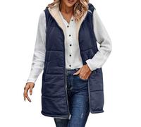 Generisch Cappotto invernale in lana da donna, oversize, gilet lungo con cappuccio, trapuntato, foderato in pile, caldo invernale, per il tempo libero, senza maniche, giacca termica con colletto alto
