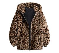 Generisch Cappotto leopardato da donna Teddy Plush Parka pelliccia sintetica con tasca Fuzzy Warm Coat Autunno Inverno Manica Lunga Inverno Donna Oversize Outwear Giacca di peluche da donna, 02