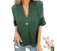 Generisch Cardigan all'uncinetto con scollo a V cava, bottone singolo, maniche corte sciolte, per le donne, leggero estate uncinetto Cardigan per le donne, verde, L