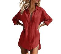 Generisch Cardigan casual aperto come camicia lunga con colletto rovesciato da donna, dal taglio largo, tinta unita, perfetta per tutti i giorni, ufficio, vacanze, attività all'aperto, Colore: rosso