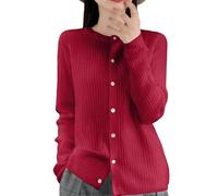 Generisch Cardigan da donna a maniche lunghe, girocollo, cardigan, con bottoni leggeri, a bottoni, lungo, elegante, estivo, a spalla, top sottile, rosso vivo, L