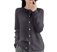 Generisch Cardigan da donna a maniche lunghe, girocollo, cardigan, con bottoni leggeri, a bottoni, lungo, elegante, estivo, a spalla, top sottile, grigio., L