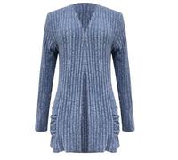 Generisch Cardigan da donna con scollo a V, giacca a maglia fine, alla moda, a maniche lunghe, per autunno, senza chiusura, giacca per le mezze stagioni, aperta sul davanti, casual ed elegante, Blu