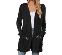 Generisch Cardigan da donna con scollo a V, giacca a maglia fine, alla moda, a maniche lunghe, per autunno, senza chiusura, giacca per le mezze stagioni, aperta sul davanti, casual ed elegante, Nero
