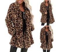 Generisch Cardigan da donna leopardato Teddy Plush Parka pelliccia sintetica con tasca Fuzzy Warm Coat Autunno Inverno Manica Lunga Inverno Donna Oversize Outwear Casual, marrone, XXL