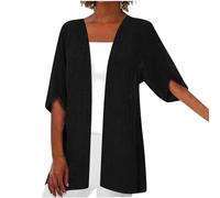 Generisch Cardigan da donna, lungo, vintage, in cotone, a mezza manica, tinta unita, aperto, per l'autunno, per il tempo libero (disponibile in taglie forti), Nero , 4XL