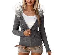 Generisch Cardigan da donna retrò con cappuccio, alla moda, casual, con cerniera, maglia grossa, per il tempo libero, per l'autunno, slim fit, maglione con cappuccio, per ufficio, tutti i giorni