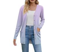 Generisch Cardigan donna 2025 autunno moda leggero morbido cardigan a maglia per le donne manica lunga cappotto anteriore aperto con tasche cardigan maglione, Lilla, M