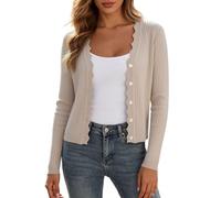 Generisch Cardigan donna a maniche lunghe cropped leggero cardigan button down maglione scollo a V, beige., S