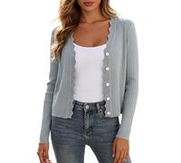 Generisch Cardigan donna a maniche lunghe cropped leggero cardigan button down maglione scollo a V, grigio chiaro., L