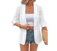 Generisch Cardigan donna giacca aperta maniche 3/4 pizzo patchwork floreale tinta unita moda