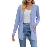 Generisch Cardigan leggero da donna, elegante, a maniche lunghe, con tasche, per autunno e inverno, casual, con tasche, Azzurro, XL
