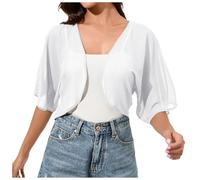 Generisch Cardigan leggero da donna in chiffon con apertura sul davanti, maniche a 3/4, trasparente, accorciato, cardigan come copricapo per abiti, bianco, S