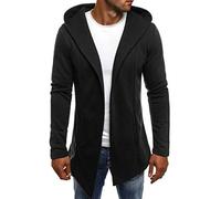 Generisch Cardigan lungo con cappuccio, giacca invernale da uomo, in pile, con cerniera, con tasche, casual, con cappuccio, caldo, cardigan da uomo, tinta unita, Nero , L
