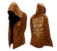 Generisch Cardigan lungo da uomo con cappuccio in stile vintage biker, cappotto con stampa posteriore Lucky 13 | Mantello per gli appassionati della cultura rockabilly e personalizzata, Stil_w01