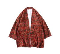 Generisch Cardigan Uomo 2025 Estate Nuovo Giapponese Allentato Stampato Disco Tasto Cardigan Casual Manica Quartiere Cappotto, Brick rosso, XXL
