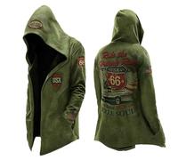 Generisch Cardigan vintage da uomo in stile motociclista - Cappotto con cappuccio con stampa Route 66 | Giacca casual con patch USA per un look retrò, Stil_q01 verde, 4XL