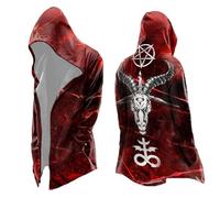 Generisch Cartigan gotico da uomo con motivo testa di capra - Mantello con cappuccio rosso con pentagramma e simboli occulti | Cappotto cupo in stile metallo, Stil_g01 rosso, L