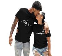 Generisch Casual monocolore amore elettrocardiogramma stampa girocollo manica corta abbigliamento amante per ragazzi neon, Nero , L
