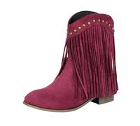 Generisch Chelsea Boots - Stivaletti da donna con frange, tinta unita, tacco chunky con punta rotonda da donna, casual, alla caviglia, alla moda, tacco corto, con cerniera, rosso vivo, 40 EU