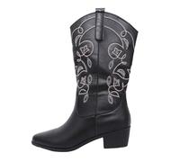 Generisch Chelsea Boots - Stivaletti invernali da donna, con tacco a blocco, in pelle, con polpaccio medio, stile retrò, cowboy, Nero , 38 EU